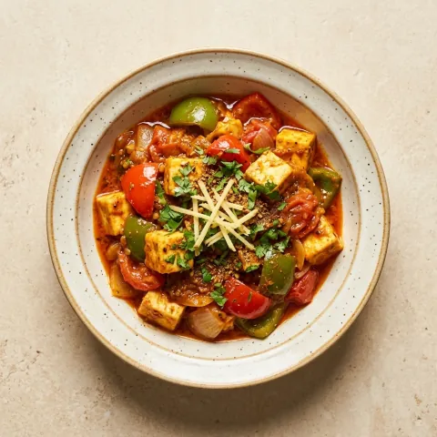 Kadai Paneer with peppers and a tomato-spice gravy